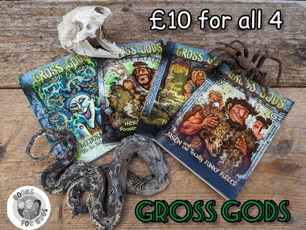 Know someone who likes Greek Mythology? Looking for something a different? Then this Gross Gods pack is for you! 
Medusa and her oh so Stinky Snakes, Jason and the Totally Funky Fleece, Hercules and the Pooper-Scooper Peril &amp;
Theseus and the Maze-o-Muck
booksforbugs.co.uk/product/gross-…