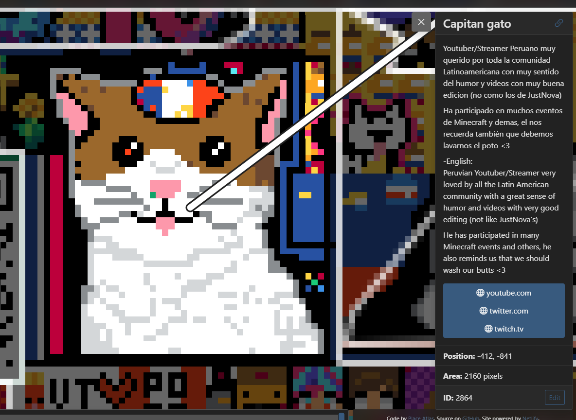IndomabIe_'s tweet photo. Hice mi aporte gato, te agregue al Atlas de Reddit Place!
Soy del Discord colombiano donde colaboramos, todos aca te queremos mucho!!
@CapitanGatoYT https://t.co/zT9vBE9aOn