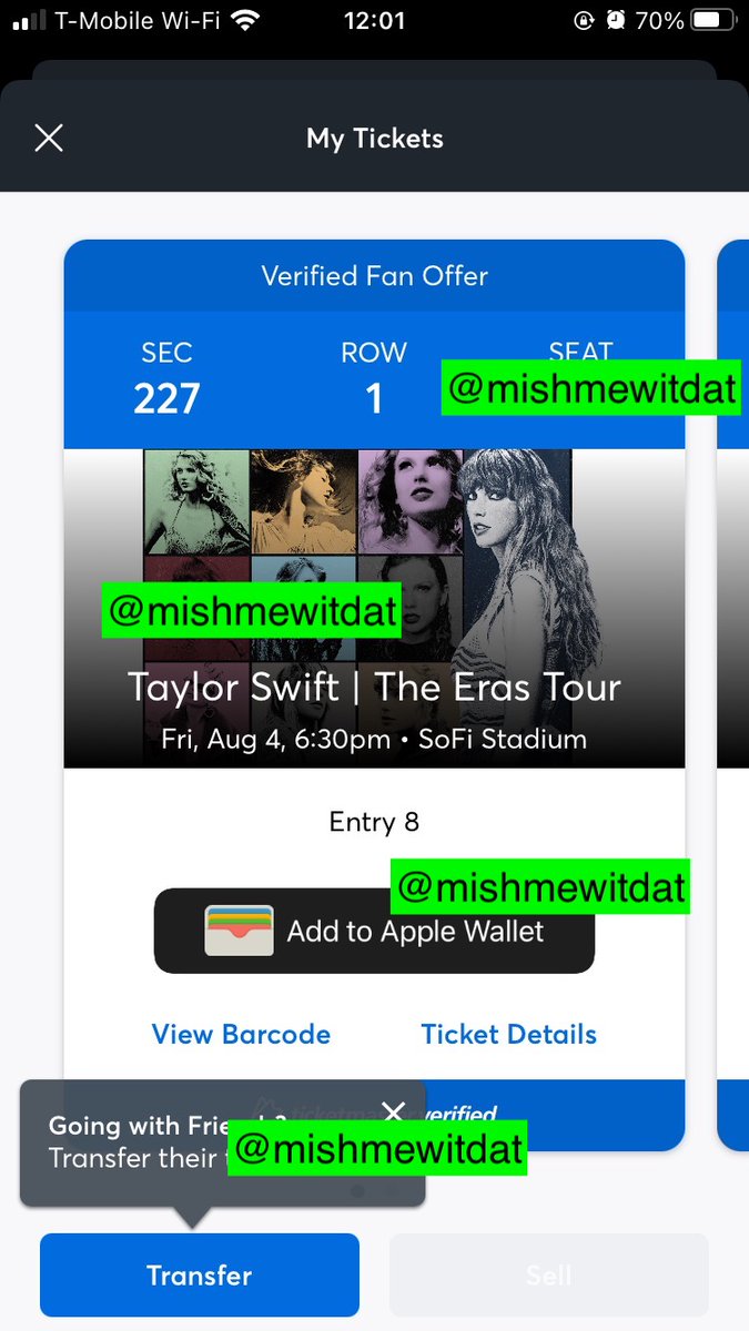 mishmewitdat's tweet photo. Looking to trade two (2) Taylor Swift eras tour tickets LA sofi stadium

Have: Thur 8/4 Sec 227 Row 1 
Want: Mon 8/7 (preferably), Tues 8/8, Wed 8/9 ideally equivalent or similar sec &amp; row https://t.co/RB819wxZ4I