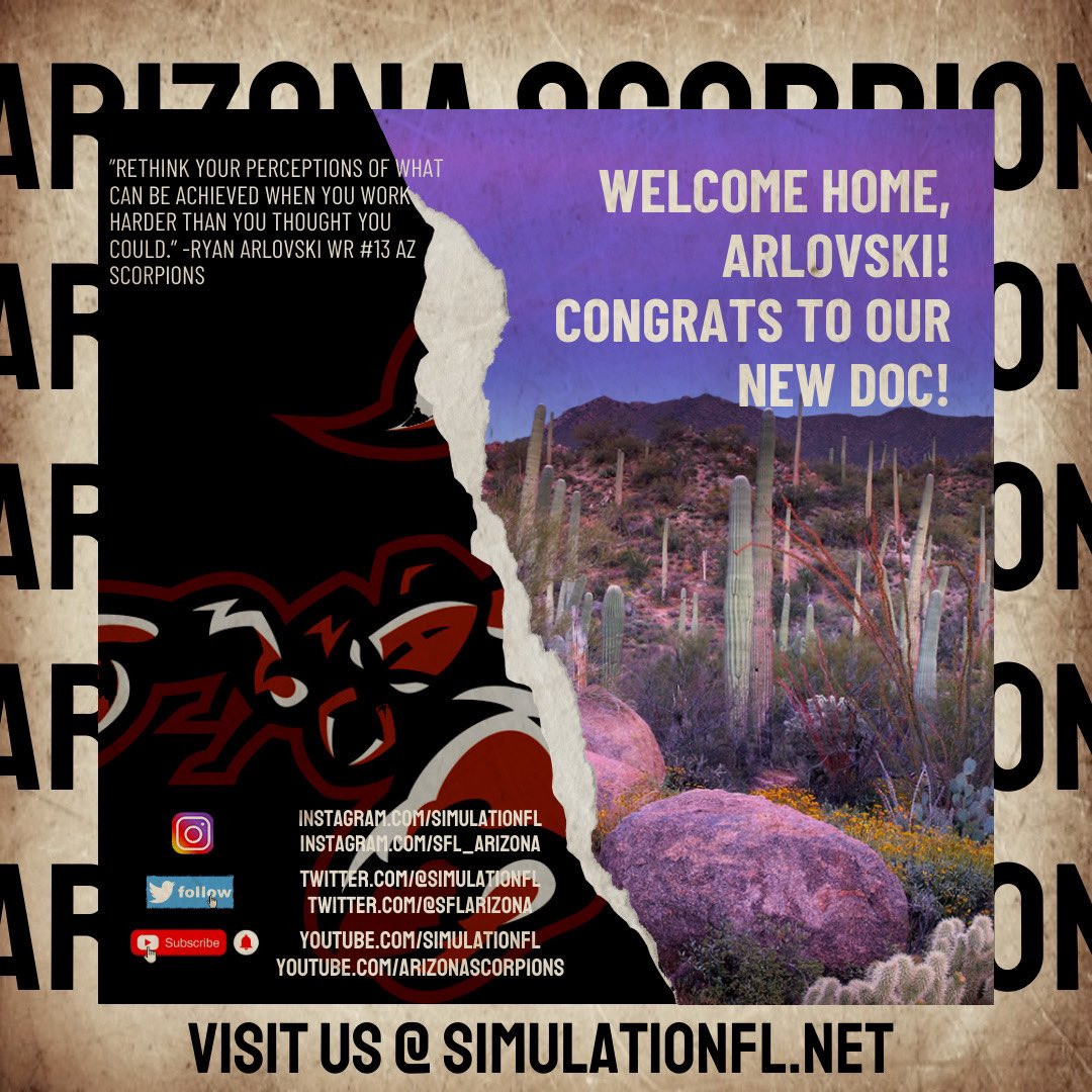 🚨 Breaking 🚨: the <a href="/SFLArizona/">Arizona Scorpions</a> are officially announcing our new Director of Communications, <a href="/SFLmArlovski/">Ryan Arlovski | WR #13 | AZ Scorpions</a>! The <a href="/simulationfl/">Simulation Football League</a> could not be more thrilled with this appointment. We can’t wait to get to work out here to produce some fire for our fans 🔥🦂 #feelthesting #SFL #fyp
