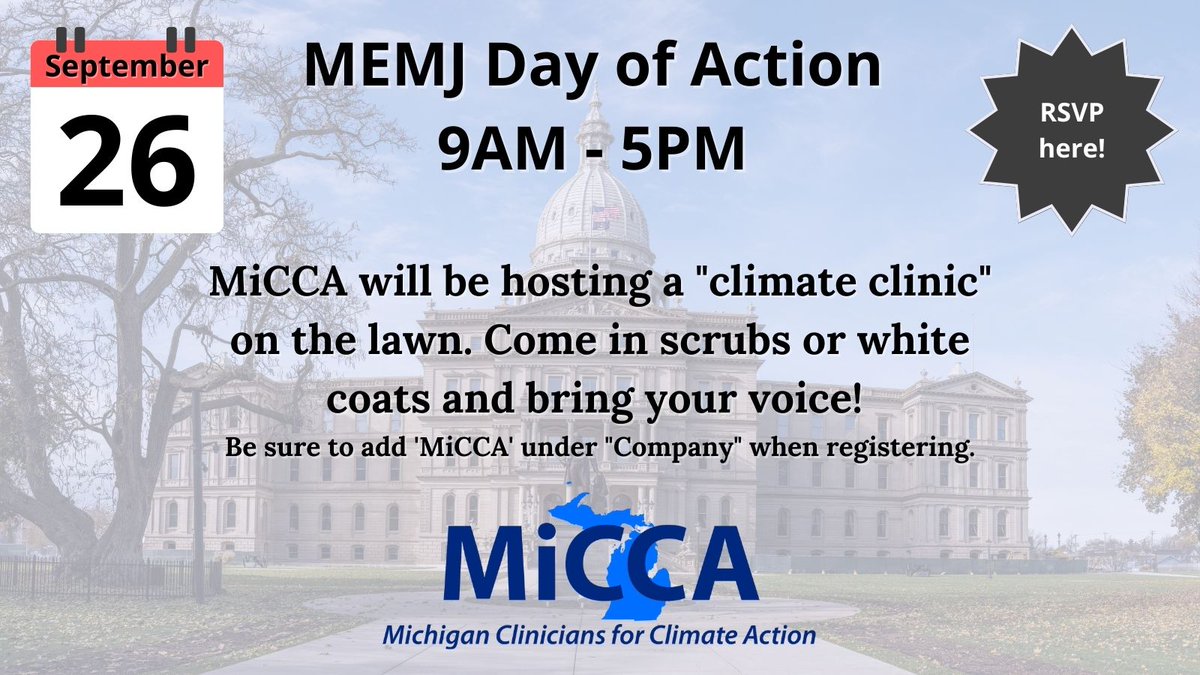 Join us for our Climate Clinic on Sept. 26 and be sure to wear your white coat or scrubs! 
Register here: bit.ly/mienergydayofa… 
Be sure to include "MiCCA" where it asks your company.