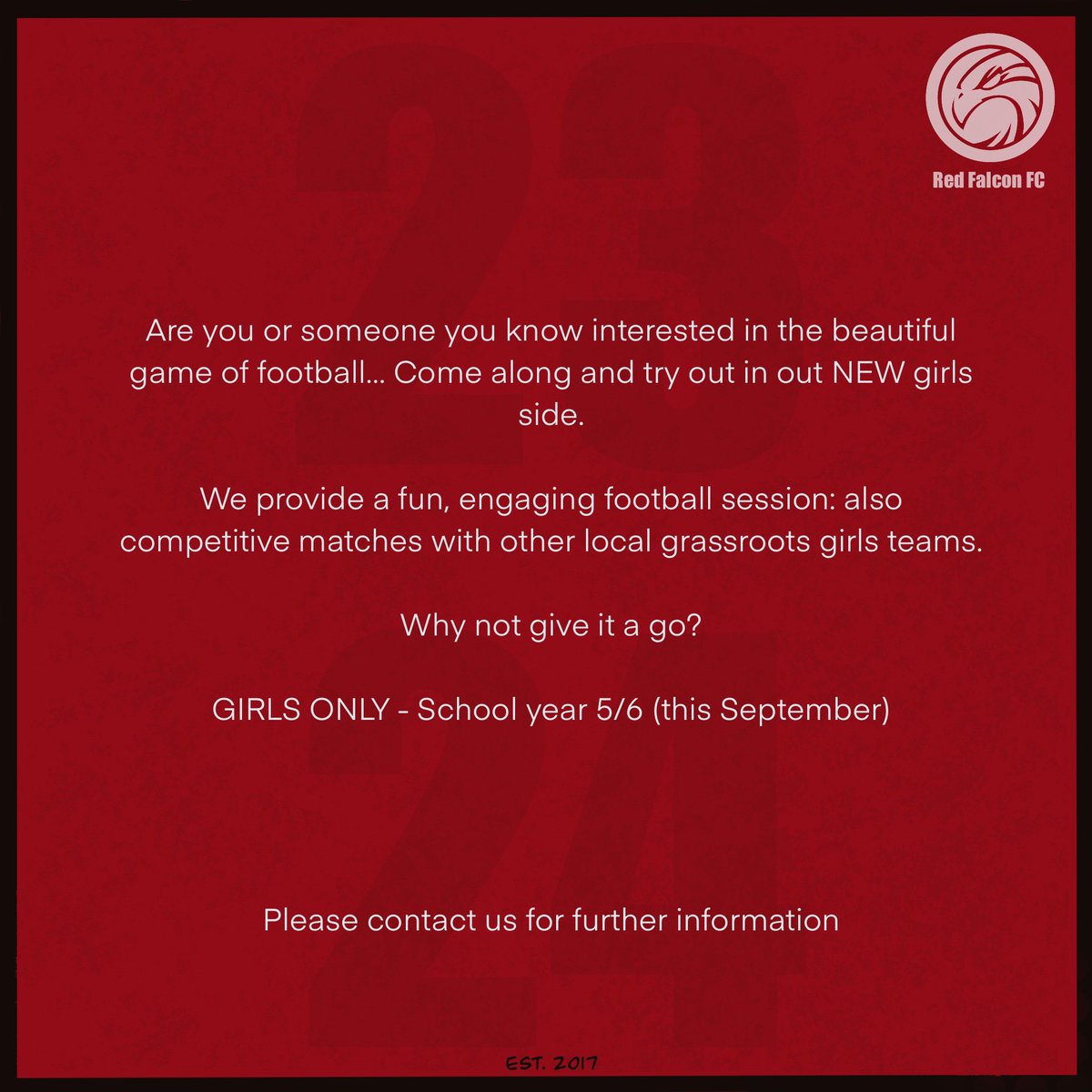 U11’S GIRLS WANTED 

⬇️⬇️⬇️

Feel free to contact us on any of our social media platforms! 

Become a falcon! ❤️
#UTF