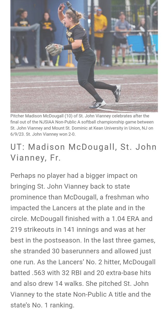 Congrats @madison101119 on being named 1st team all state. One of the most dominant freshmen in NJ history. Both offensively and in the circle. She'll be in the mix for the POY in NJ her whole career. Coaches take notice @BC_Softball @HokiesSoftball @RUSoftball @UNCWsoftball