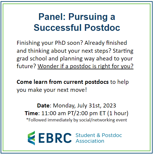 🧬 Are you a grad student thinking about pursuing a postdoc? 📺 Attend @EngBioRC’s panel to learn more about postdoc life and how to make the most it! 🔗 Register here: forms.gle/8hTieUmTZ47jU5…