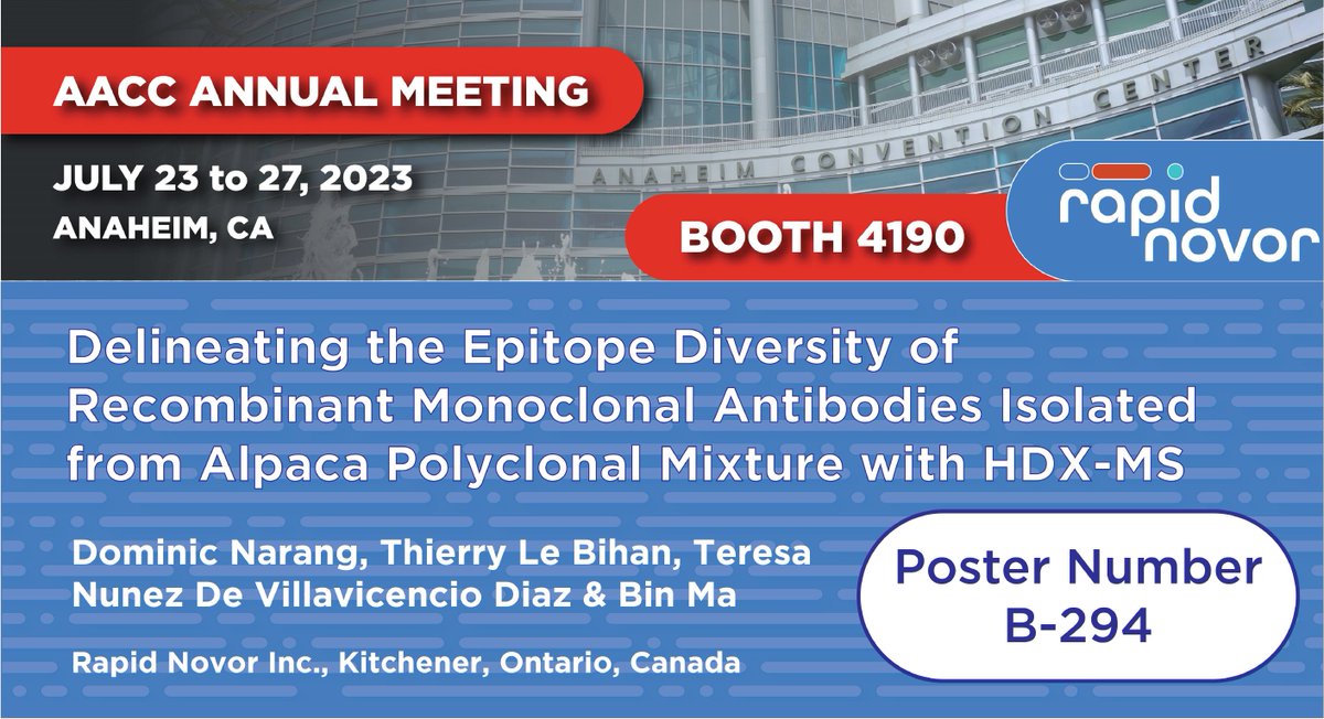 rapidnovor's tweet image. If you’re at #AACC2023, don’t miss out on our presentation on de novo sequencing and #EpitopeMapping of alpaca #MonoclonalAntibodies directly from the immunoserum. Check out our poster B-294 on Wednesday July 26th! #AntibodyDiscovery #Antibodies