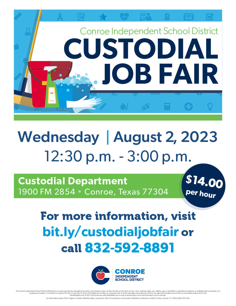 The Custodial Dept. will be hosting a Job Fair on Wednesday, Aug. 2, from 12:30-3 p.m. The starting rate is $14.00/hour. We offer evening shifts, paid vacation days, paid holidays &amp; health benefits. No experience needed. For more information, visit: bit.ly/custodialjobfa….