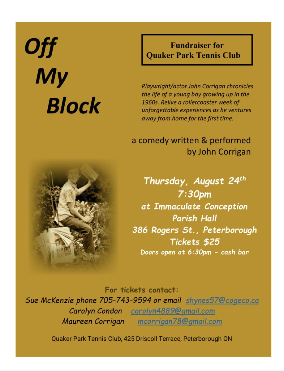 #qptennis #fundraiser #ptbo 
A comedy written and performed by John Corrigan #OffMyBlock