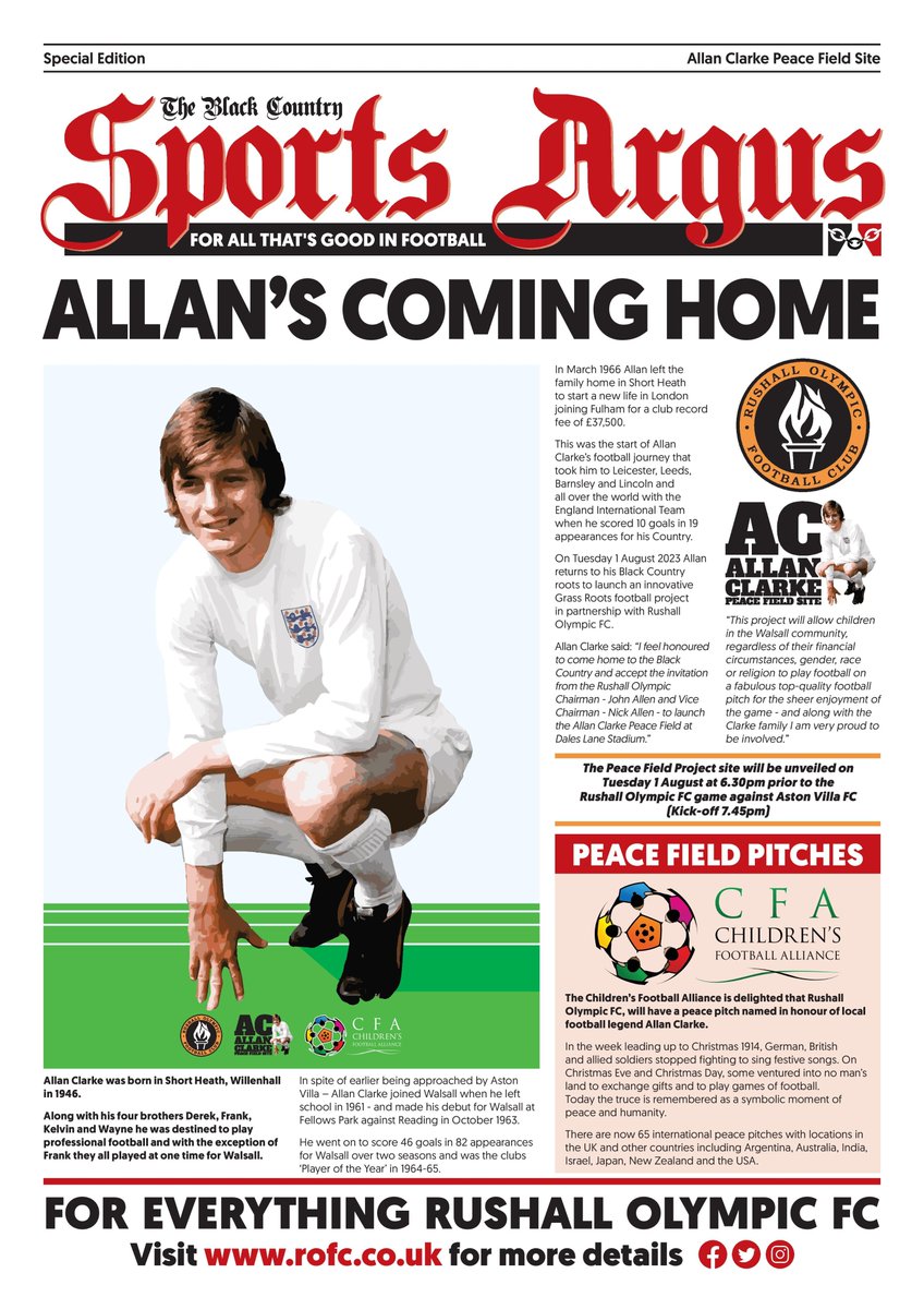 Av40T's tweet photo. We hope as many #AVFC fans as possible will join us at Dales Lane on Tuesday, August 1 for the friendly between @ROFCOfficial v @AVFCOfficial and the launch of the Allan Clarke Peace Pitch.

Let's give a warm West Midlands welcome to a football legend on his return home. https://t.co/bz2x62qfSF