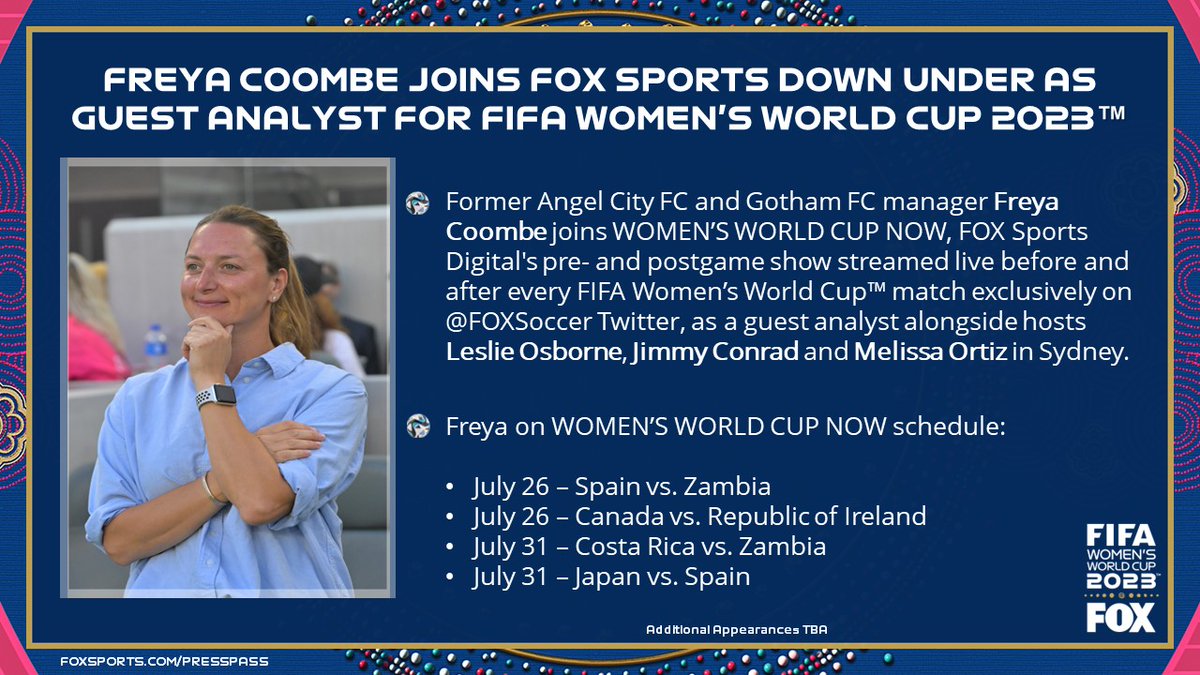 FOXSportsPR's tweet photo. Welcome to #WWCNow @only1Freya! 

Excited to have former @weareangelcity and @GothamFC manager Freya Coombe joining @FOXSports Down Under as guest analyst on FOX Sports Digital’s celebrated WOMEN'S WORLD CUP NOW show. https://t.co/sidKAMeGFY
