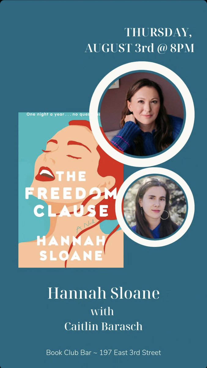 CaitlinBarasch's tweet photo. Happy pub day to THE FREEDOM CLAUSE! I’m excited to discuss this sexy, provocative novel about an open marriage with the author, Hannah Sloane, next week, 8/3, at @bookclubbar. Join us!! 💋 

@randomhouse 👀 https://t.co/s0GaOq0VXR