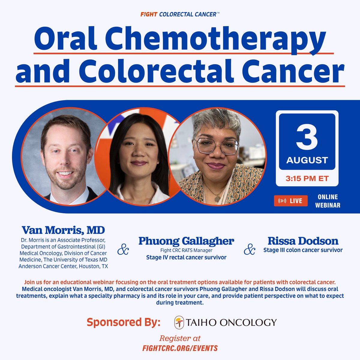 MelissaFightCRC's tweet photo. Join @FightCRC for a #CRCWebinar with @VanMorrisMD, @CancerInsider , and Rissa Dodson on the oral treatment options available for patients with colorectal cancer. Register here—> https://t.co/ELj76Qeqoe
Thank you to our sponsor, @TaihoOncology for help in making this happen! https://t.co/0r3y1csA4R