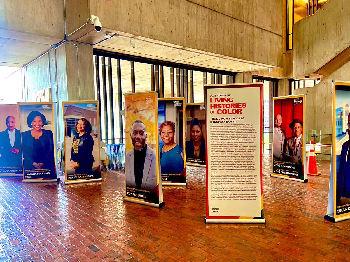ONSHydePark's tweet photo. The 2023 Living Histories of Color #HydePark Exhibit is on the Mezzanine at City Hall for public viewing until 8/16! The exhibit features the first cohort (of the 5 year project) of BIPOC #HydePark residents who make an impact in the @CityOfBoston, the State of MA and nationally! https://t.co/qVjsXoXLe6