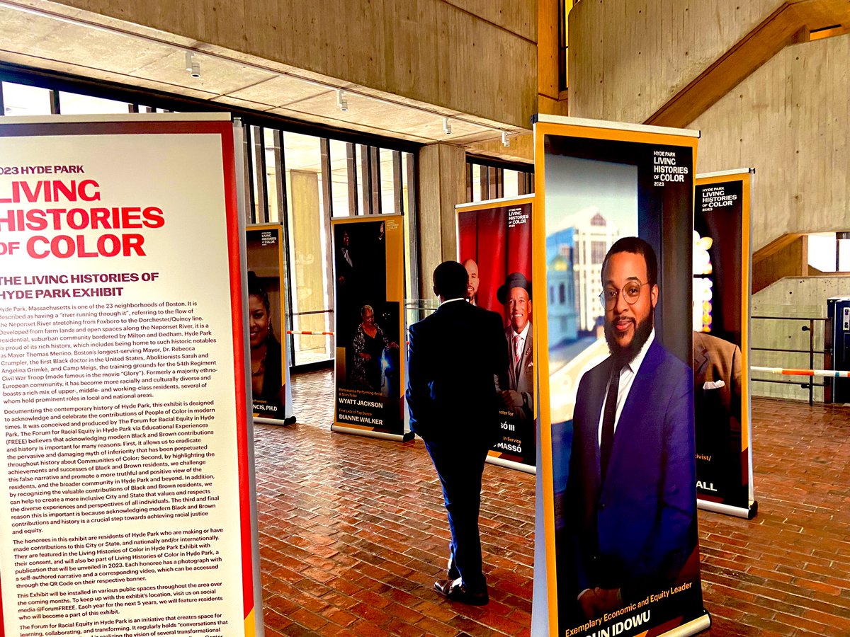 ONSHydePark's tweet photo. The 2023 Living Histories of Color #HydePark Exhibit is on the Mezzanine at City Hall for public viewing until 8/16! The exhibit features the first cohort (of the 5 year project) of BIPOC #HydePark residents who make an impact in the @CityOfBoston, the State of MA and nationally! https://t.co/qVjsXoXLe6