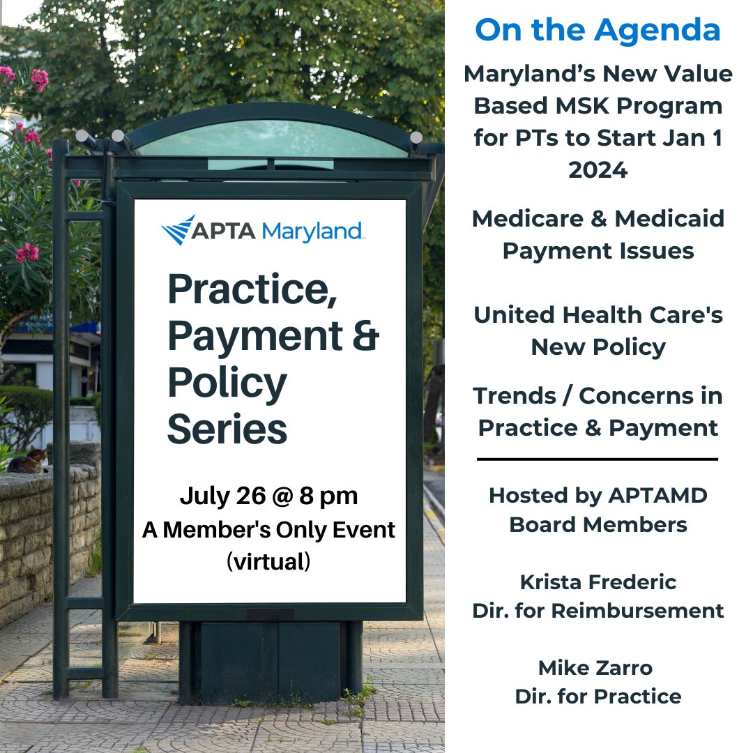 APTA Maryland (@aptaofmaryland) on Twitter photo Join #APTAMD July 26 at 8 pm for our practice, payment, and policy meeting. Opportunities for advocacy, updates, discussion, and strategy. aptamd.org/aptamds-new-su… <a href="/michelle_jamin/">Michelle Jamin PT, DPT</a> <a href="/jdsheppard/">J.D. Sheppard II</a> <a href="/DEShattuck/">Dan Shattuck</a> <a href="/RoyFilmDPT/">Roy Film</a> <a href="/mjzarro/">Mike Zarro</a> Join #APTAMD July 26 at 8 pm for our practice, payment, and policy meeting. Opportunities for advocacy, updates, discussion, and strategy. aptamd.org/aptamds-new-su… <a href="/michelle_jamin/">Michelle Jamin PT, DPT</a> <a href="/jdsheppard/">J.D. Sheppard II</a> <a href="/DEShattuck/">Dan Shattuck</a> <a href="/RoyFilmDPT/">Roy Film</a> <a href="/mjzarro/">Mike Zarro</a>