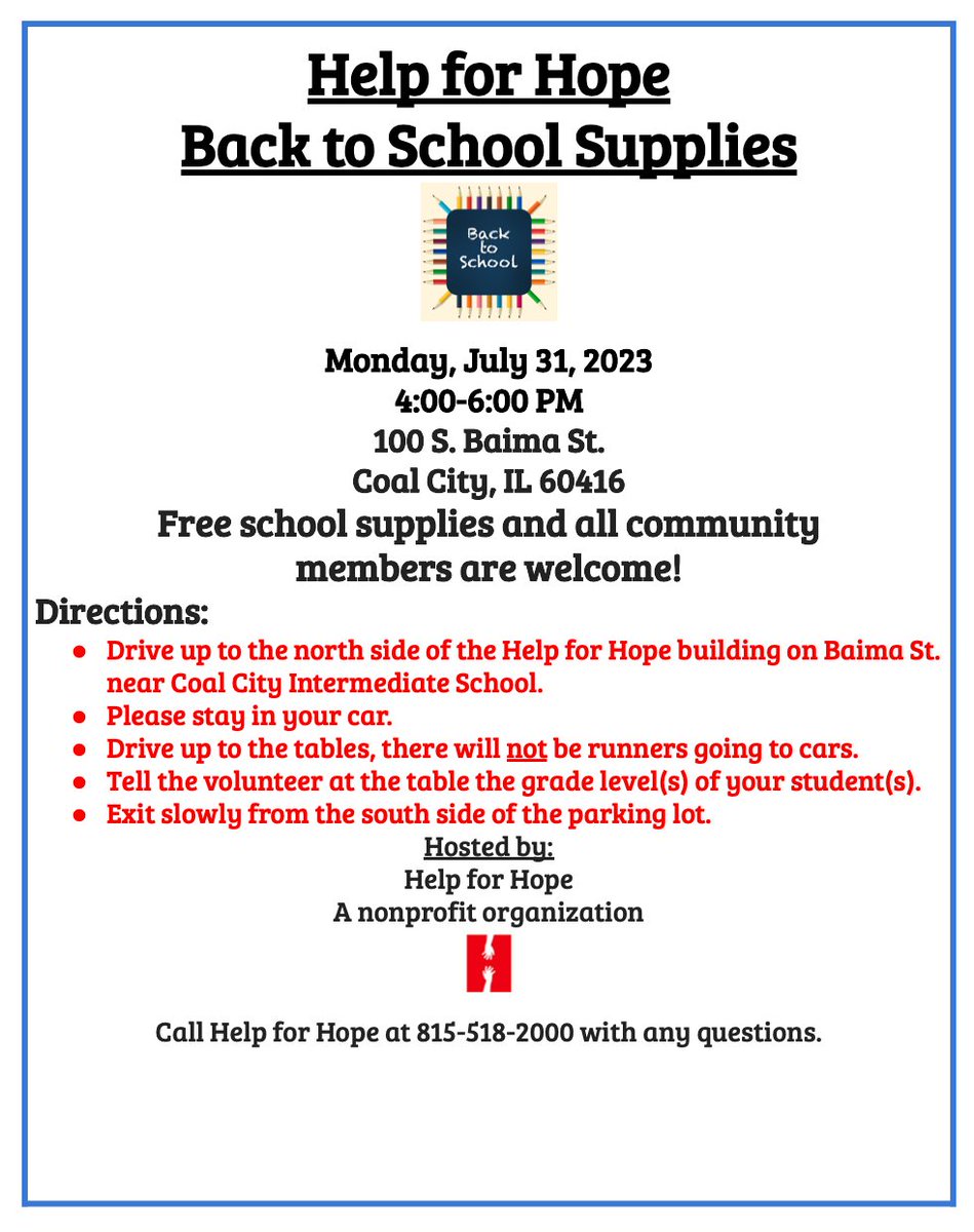 Free School Supplies for Coal City Community July 31