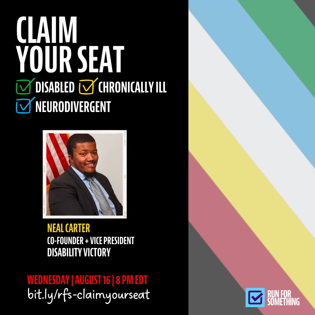 DisabilityVctry's tweet photo. Join @runforsomething and Disability Victory on 8/16 to learn from disabled candidates and our co-founder @nealcarter about running for office!

RSVP: https://t.co/gj92uKT2TM

#CripTheVote #DisabilityTwitter https://t.co/WYSa2Fx2kj