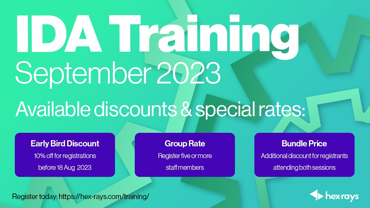 HexRaysSA's tweet photo. Join us for the September IDA Training Sessions and discover multiple ways to save money! Don’t miss out on this opportunity to improve your skills and advance in your career 🌐 https://t.co/gF1mUiVLLe

#IDATraining #idapro #IDA #SaveMoney https://t.co/XzmcpjlH3Y