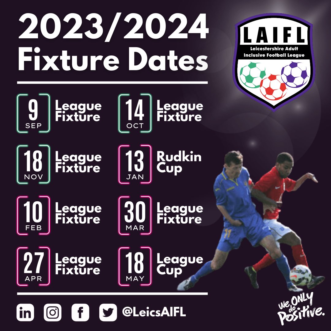 LeicsAIFL's tweet photo. 📆 2023/2024 Fixture Dates ⚽

As we prepare to kick-off our second season as an independent adult league, we’re excited to share all the dates for the new season.

#LeicsAIFL #DisabilityFootball #InclusiveFootball #Leicestershire

@EnglandFootball | @leicsfa https://t.co/Y4aEkgfx57