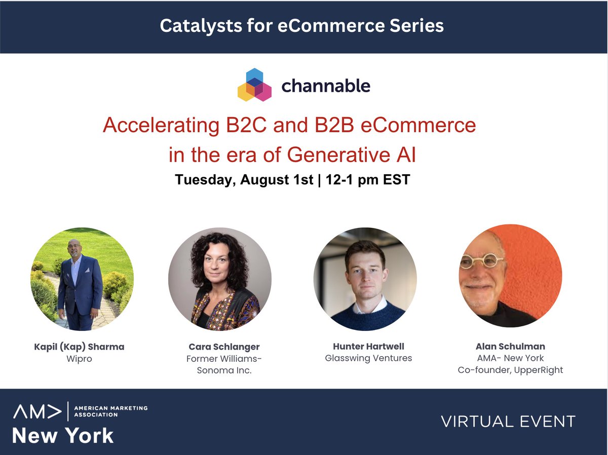 Join AMA New York on 8/1 at NOON EST for the webinar "Catalysts for eCommerce Series: Accelerating B2C and B2B eCommerce in the era of Generative AI". Register today: bit.ly/44ND3VB