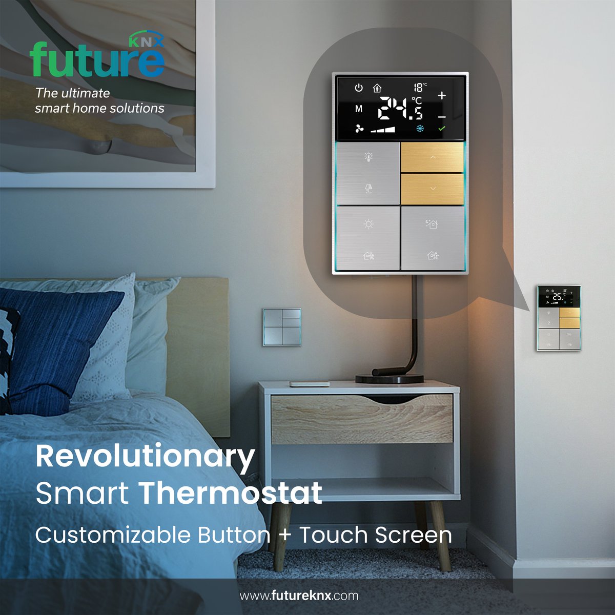 FutureKnx's tweet photo. FutureKNX Revolutionary Smart Thermostat! 🌡️🏠
Experience ultimate control and comfort with fully customizable thermostat, featuring both tactile buttons and a user-friendly touch screen interface #SmartHome #FutureKNX #SmartThermostat #Innovation #knx #knxpartner #knxsmarthome https://t.co/qyED9Cu0lK