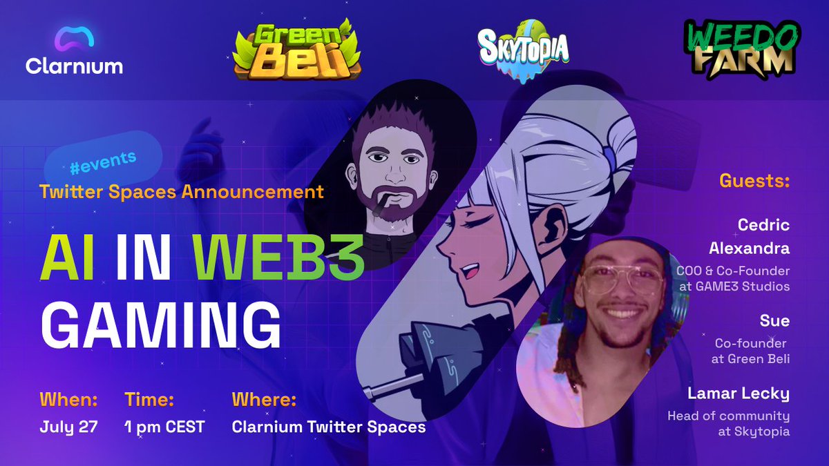 🔥Twitter Spaces Announcement🔥 
Topic: "AI in Web3 gaming" 
🗓 Date: July 27
⏰ Time: 1 pm CEST 
📍Venue: x.com/i/spaces/1OdKr… 
 
📢 What we’ll dive into: 
1️⃣ What possibilities does Artificial Intelligence offer for gaming in the #Web3 environment?
2️⃣ How do Web3 games use
