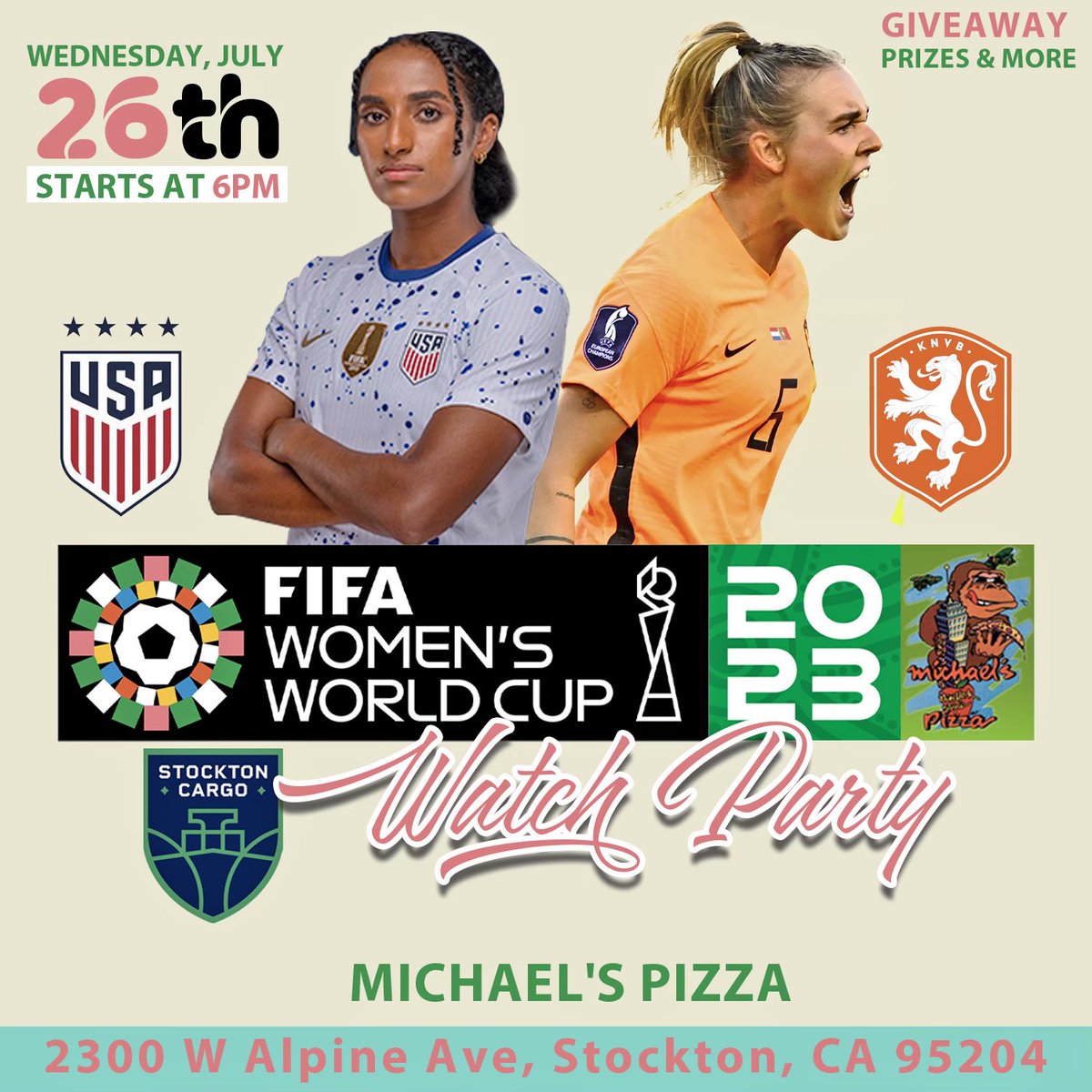 Join us tomorrow to cheer on Team USA v The Netherlands at 6pm at Michael's New York Style Pizza, Inc.! Free Pizza 🍕 and Soft Drinks 🥤 plus we’ll have special Cargo giveaways during the match!