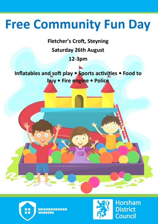 HorshamWardens's tweet photo. Come and join us for our Community Fun Day 🎈on the 26th of August at Fletcher's Croft 12-3pm.  The activities are free and food will be available to buy from The Pizza Oven 🍕and The Dairy Diva🍦
#SBUB @HorshamDC @Horsham_police @thepizzaovenuk https://t.co/HKrDAFJY0f