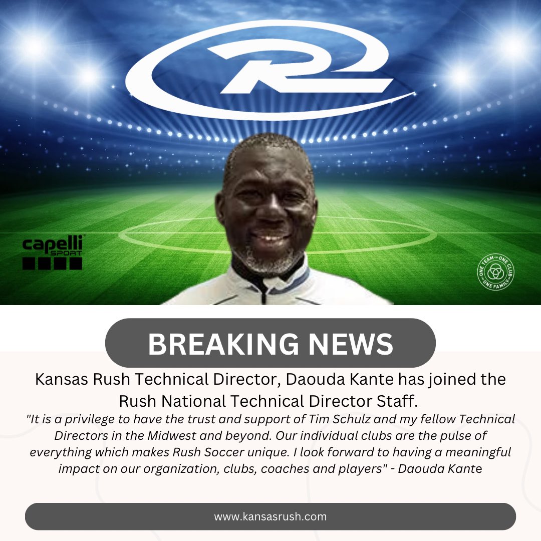 KS_RushSoccer's tweet photo. Our very own, Daouda Kante has been named to the Rush National Technical Director Staff. With oversight and support of the Midwest Region of Rush Soccer. 

Way to go Daouda! #RUID https://t.co/HFysLM16oH