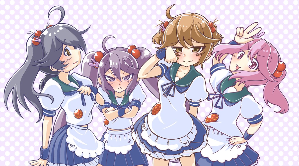 akebono (kancolle) ,oboro (kancolle) ,sazanami (kancolle) ,ushio (kancolle) multiple girls 4girls hair ornament bell jingle bell pink hair ahoge  illustration images