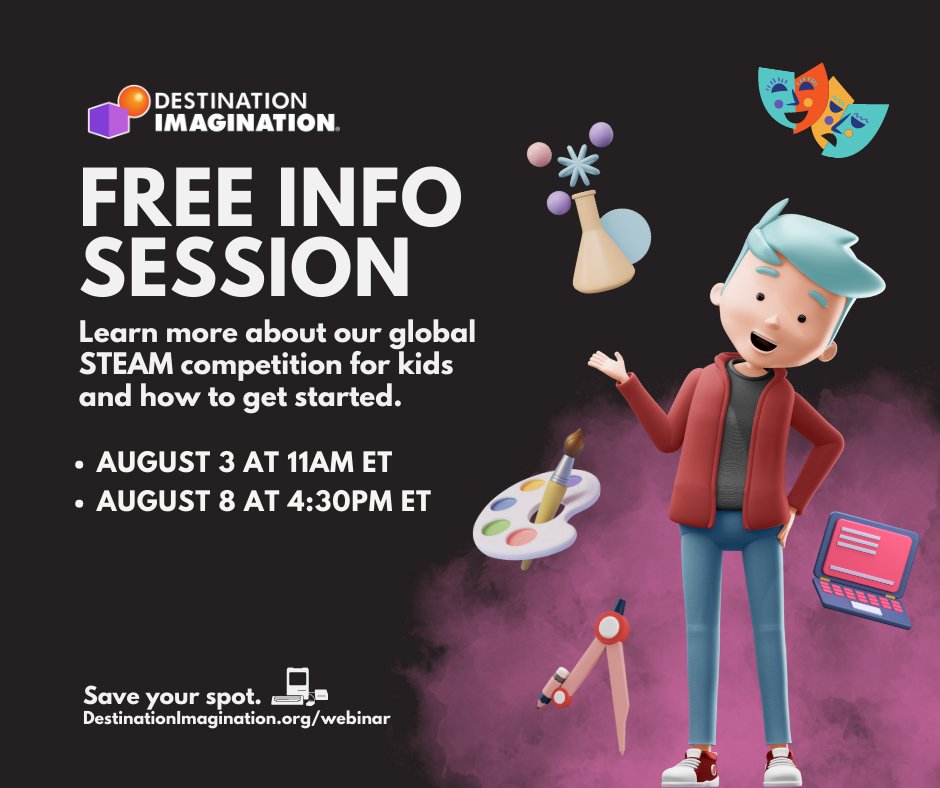 IDODI's tweet photo. Learn more about Destination Imagination and our global STEAM competition for kids! Our August info sessions will take place August 3 at 11am ET and August 8 at 4:30pm ET. Save your spot ➡️ https://t.co/ttGIuUfrIJ

#DestinationImagination #STEAMeducation #STEMeducation https://t.co/xNBdmbFYLO