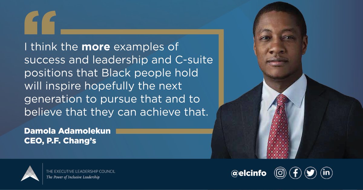 elcinfo's tweet photo. Damola Adamolekun, CEO of P.F. Chang’s, is one of corporate America’s youngest #ChiefExecutives and an inspiration to all future C-suite leaders! Click below to learn about his incredible work as CEO.
#BlackMenLead #BlackCEO #BlackExecutive
Read more: https://t.co/KxlyUKGM5N https://t.co/SATLylkmhv