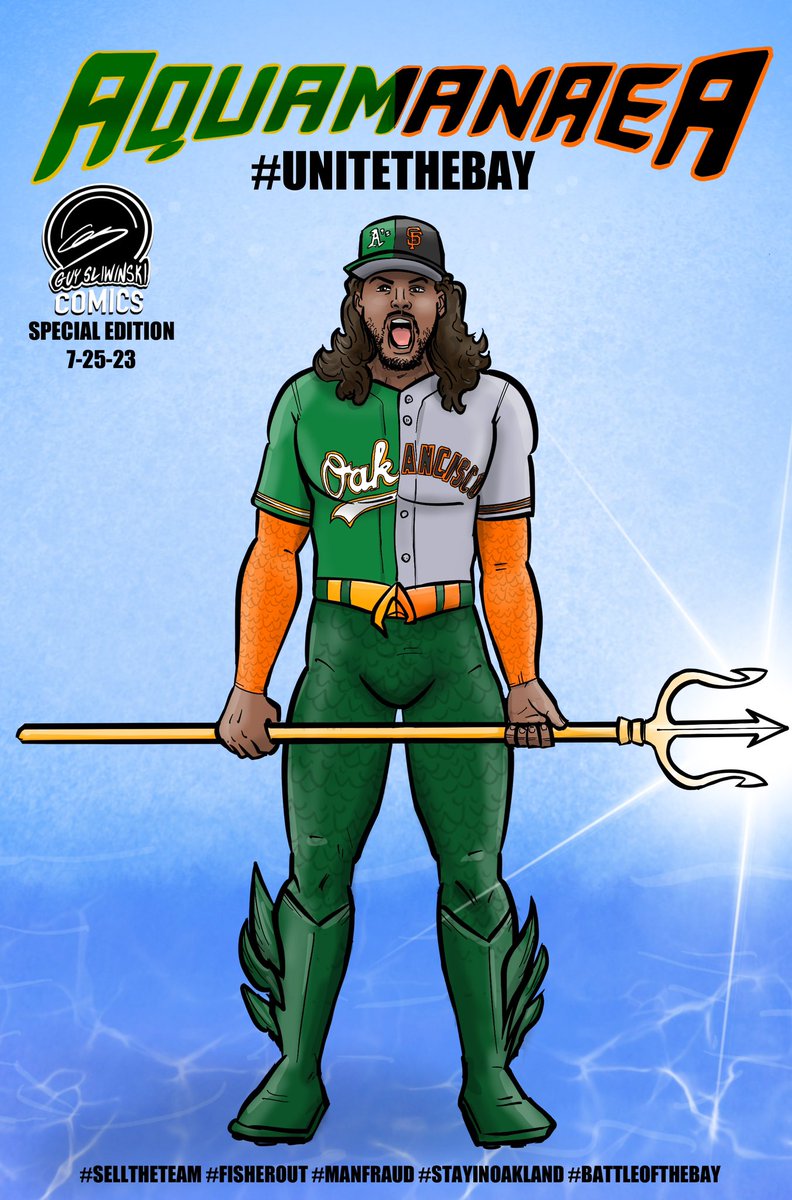 #UniteTheBay Through the seasons many players have donned the green & gold as well as orange & black. The OG Super A, @sean_manaea currently represents both, so I drew a new AQUAMANAEA cover for today as we fight together. @mlb the A’s belong in Oakland! #selltheteam #sfgiants