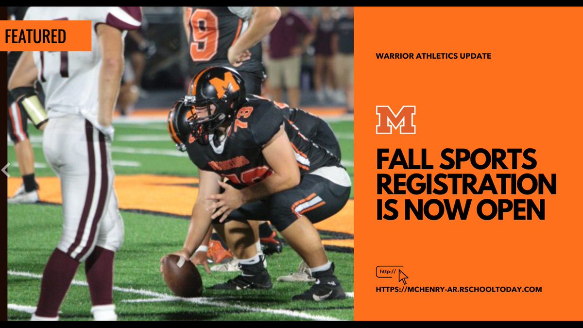 Warriors! 

Fall sports registration is now open. Make sure to get registered prior to the start of tryouts/practice. 

mchenry-ar.rschooltoday.com/home