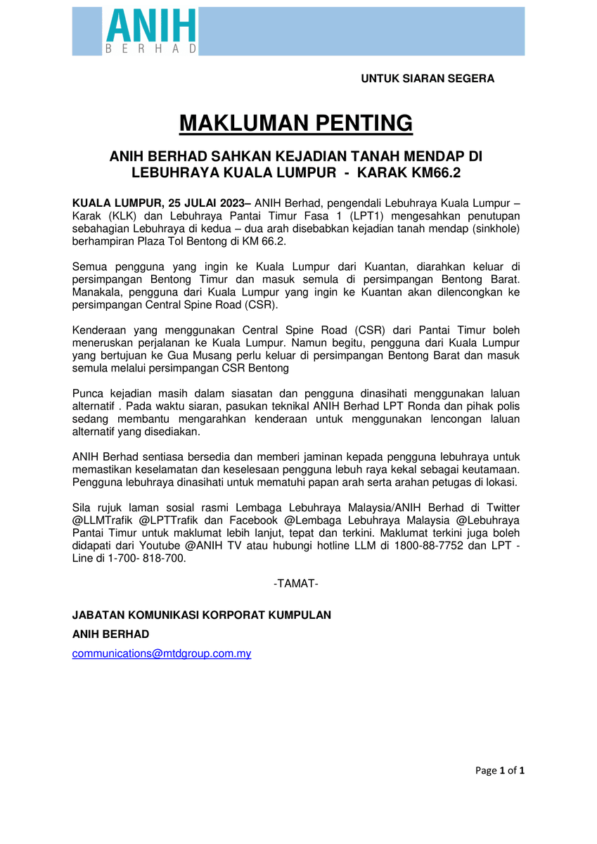 MAKLUMAN PENTING | 25 Julai 2023
ANIH BERHAD SAHKAN KEJADIAN TANAH MENDAP DI LEBUHRAYA KUALA LUMPUR - KARAK KM66.2

#LPTdihati