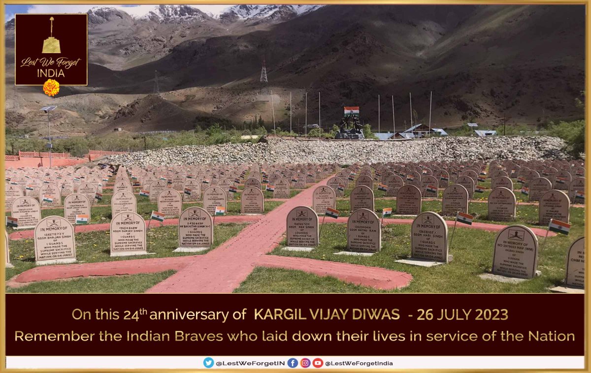 #RememberingKargil #LestWeForgetIndia🇮🇳 On the 24th anniv of #KargilVijayDiwas 26 July 2023, we pay homage to the supreme sacrifice of over 500 #IndianBraves who gave their all in service of the Nation during #OpVijay Remember their valiant sacrifice, and that of their families