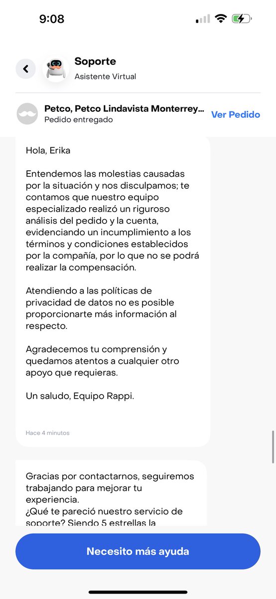 erika_mgzz's tweet photo. @RappiMexico últimamente me estuvieron llegando equivocados o en mal estado los pedidos de comida y el asistente ya no quiere darme respuesta que porque estoy haciendo uso “indebido”. Porfavor podrían apoyarme con eso? Esto fue lo último que me dijeron. Soy prime y pido seguido🤨 https://t.co/gw69hsC9au