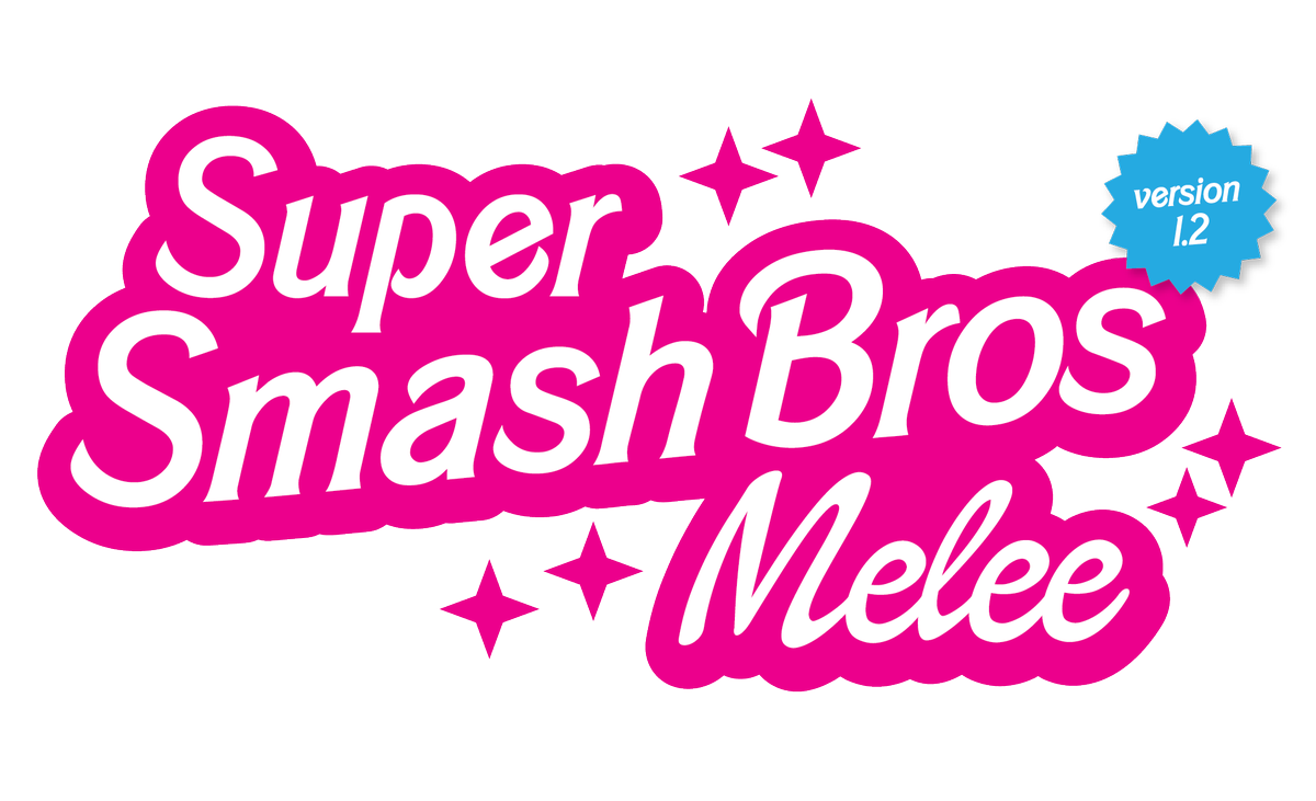 the words "super smash bros melee" in the barbie font. with a little blue sticker that says "version 1.2"
