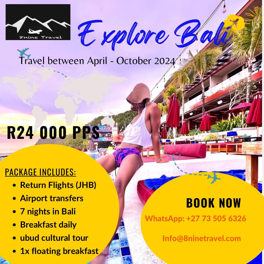 BALI is a MUST in 2024

Travel anytime between April - October 2024 ✈️✈️

Price is from R 24 000 PPS 

PACKAGE INCLUDES:
- Return flights 
- 7 nights in Bali
- Daily breakfast 
- uBud cultural tour
- 1x floating breakfast 

Email: info@8ninetravel.com

#travel