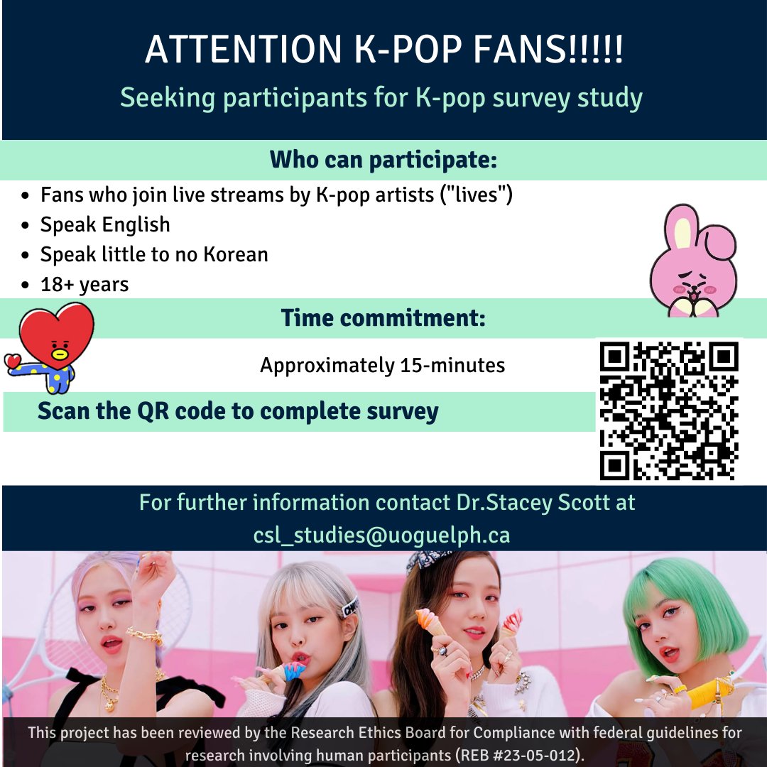 Attention K-pop fans! Do you watch live streams by K-pop artists? 
If you: 
-speak English 
-don't speak Korean
-are 18+ yrs 
please complete our survey on language barriers for global K-pop fans during lives. Reviewed by UofGuelph Ethics (REB #23-05-012). tinyurl.com/KpopLives