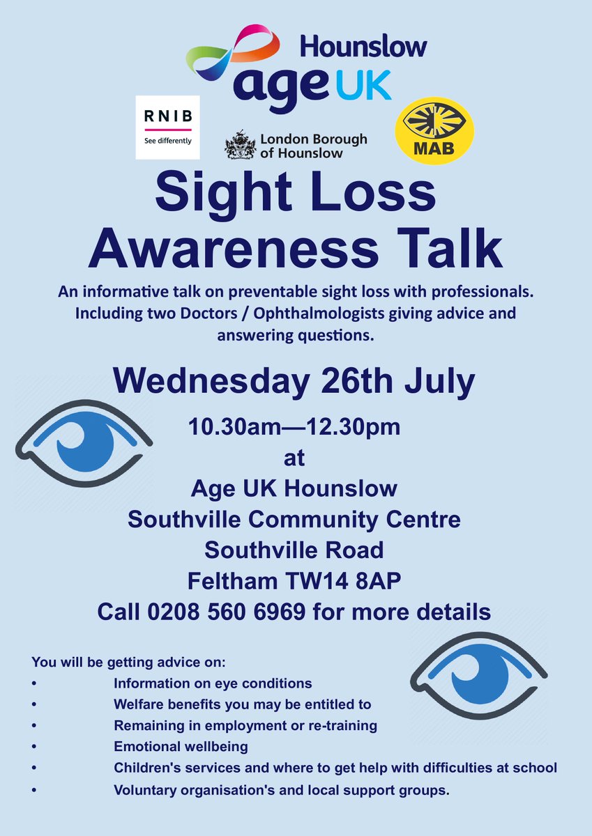 Healthwatch Hounslow (@hwhounslow) on Twitter photo Sight Loss Awareness Talk
Come and join our sight loss awareness talk with professionals, with doctors and ophthalmologists, giving advice and answering questions
For more info and to book, please get in touch with Robert on Robert.bond@hounslow.gov.uk
or phone 0208 560 6969 Sight Loss Awareness Talk
Come and join our sight loss awareness talk with professionals, with doctors and ophthalmologists, giving advice and answering questions
For more info and to book, please get in touch with Robert on Robert.bond@hounslow.gov.uk
or phone 0208 560 6969
