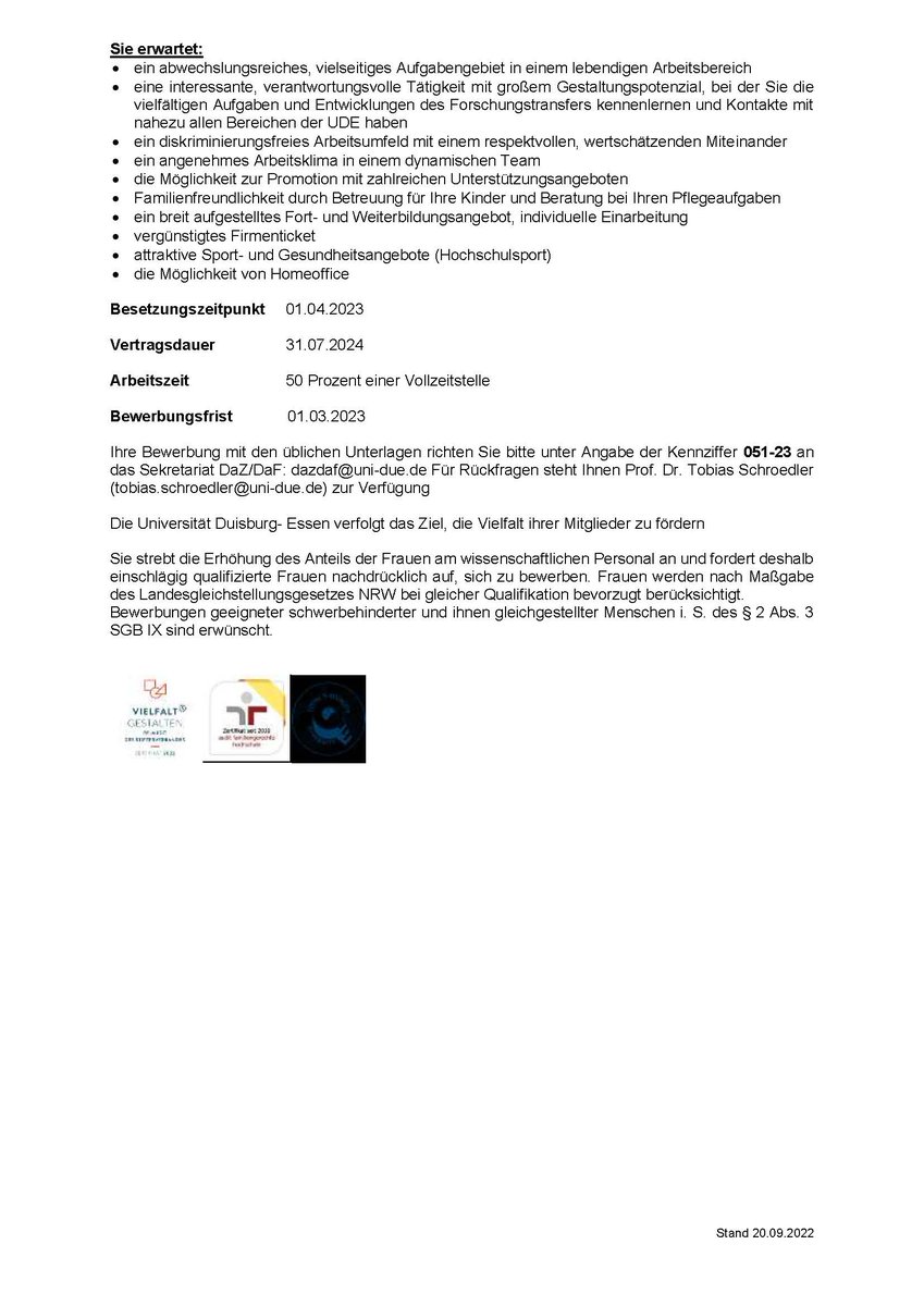 TobySchroedler's tweet photo. Stelle als wiss. Mit. (75%, 2 Jahre) am Institut #DaZDaF @unidue im ViViPro Verbundprojekt (Intitative @ORCAnrw ). Wir möchten Videovignetten von sprachbildendem Unterricht erstellen und diese als OER für Lehre nutzbar machen. Dankbar für jeden #RT #jobs https://t.co/Jf2WXCdqtr