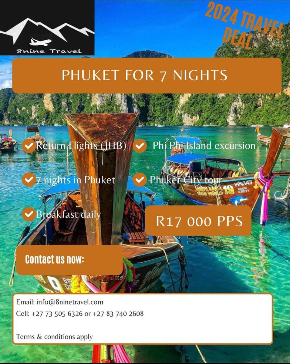 Phuket, Thailand is always a good idea. 

Travel anytime between April - October 2024 ✈️✈️

Price is from R17 000 PPS

PACKAGE INCLUDES:
- Return flights 
- 7 nights in Phuket
- Daily breakfast 
- Phiphi Island excursion 
- Phuket city tour

Email: info@8ninetravel.com