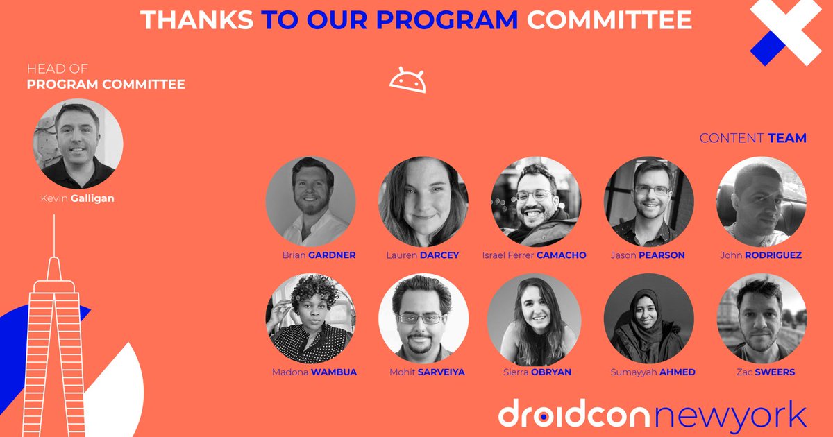 A special shoutout to the #dcnyc23 PC – an #AndroidDev committee ensuring the best #Android talks 🍎📣 <a href="/kpgalligan/">Kevin Galligan 🐶🎸🎸</a>, <a href="/SumayyahAhmed13/">Sumayyah Ahmed</a>, <a href="/ZacSweers/">Zac Sweers</a>, <a href="/madona_wambua/">Madona S. Wambua</a>, <a href="/_sierraobryan/">sierra</a>, <a href="/rallat/">Isra Ferrer Camacho</a>, <a href="/jrodbx/">John Rodriguez</a>, <a href="/BrianGardnerDev/">Brian Gardner</a>, <a href="/heyitsmohit/">Mohit</a> &amp; Lauren Darcey.       

nyc.droidcon.com/program-commit…