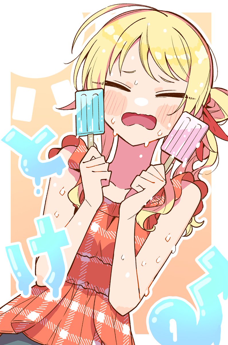 1girl food popsicle blonde hair solo closed eyes sweat  illustration images