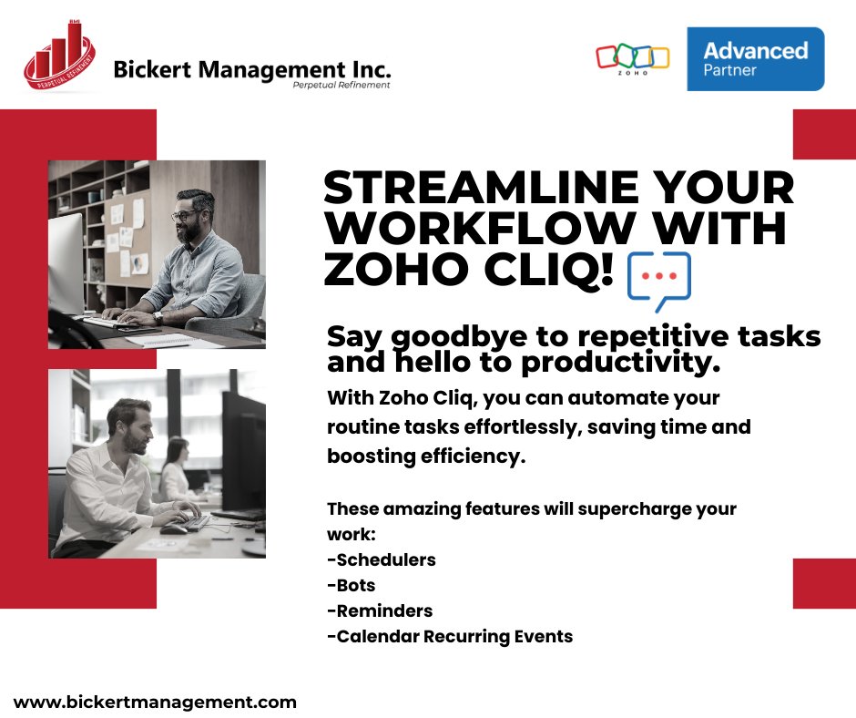 BickertMgmtInc's tweet photo. Streamline your workflow with @Zoho Cliq! To learn more about Zoho Cliq and how it can help you run your business smoothly, contact us at: https://t.co/fZf3b0oUwd
#BMI #Zoho #ZohoAdvancedPartner #ZohoCliq #businesstools #perpetualrefinement #businessgrowth https://t.co/J0WjLXlPms