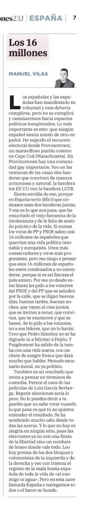 Granvilas's tweet photo. "Los 16 millones": mi artículo sobre las elecciones, publicado en todos los periódicos del grupo Vocento. https://t.co/iB7f6RACmn