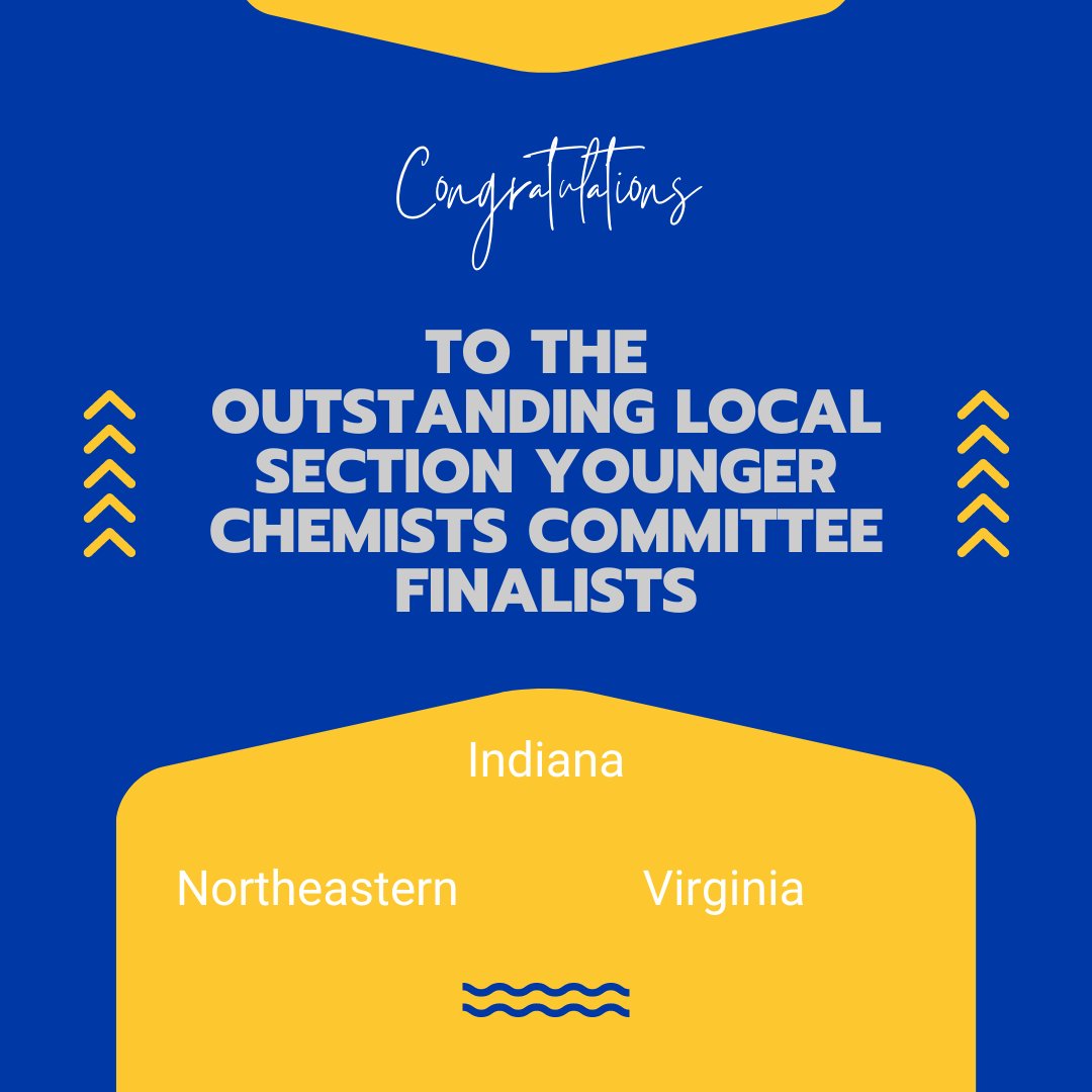 ycc_acs's tweet photo. Congratulations to the Outstanding Local Section Younger Chemist Committee Finalists: Indiana, Northeastern, and Virginia! Attend the #ACSChemLuminary Awards ceremony on Tuesday, August 15 at 8 PM in Marriott Marquis, Salon 8-9 for the announcement of the winner. #ACSFall2023 https://t.co/FDgXnz2hJ1