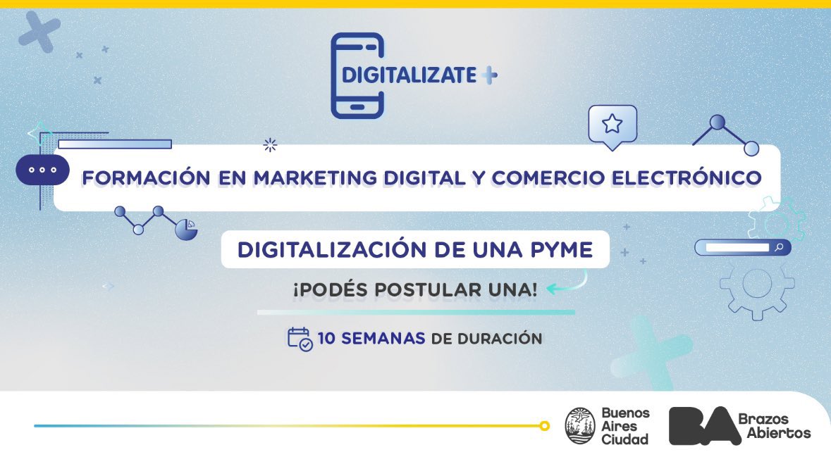 🚀 Vuelve #Digitalizate+ 🚀

¡Vas a poder formarte en Marketing digital 📲 y Comercio electrónico💻 para digitalizar una pyme!

➡️ Para más información e inscripción: surl.li/jlcyn