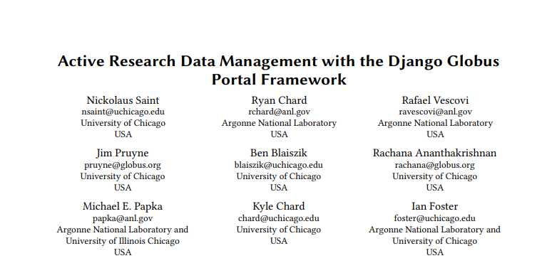 globus's tweet image. Congrats to the @Globus team, along with our colleagues from @argonne, as The Active Research Data Management with the Django Globus Portal Framework paper was selected as best (full) paper @PEARC_Conf.
#PEARC23 #researchcomputing #cyberinfrastructure