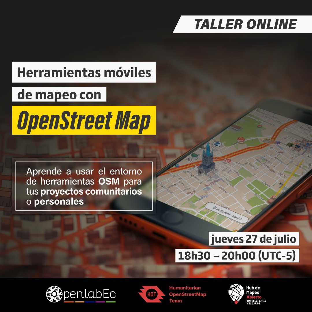 Taller de herramientas móviles de mapeo con OpenStreetMap. 🌍 Usa apps móviles para capturar datos geoespaciales y aportar al mapa libre.

🗓jueves 27 de julio
⏰18:30 a 20:00 Hrs (UTC-5)
👩🏽‍💻 Online
🔗openlab.ec/actividad/tall…

No se requiere experiencia en cartografía o tecnología.